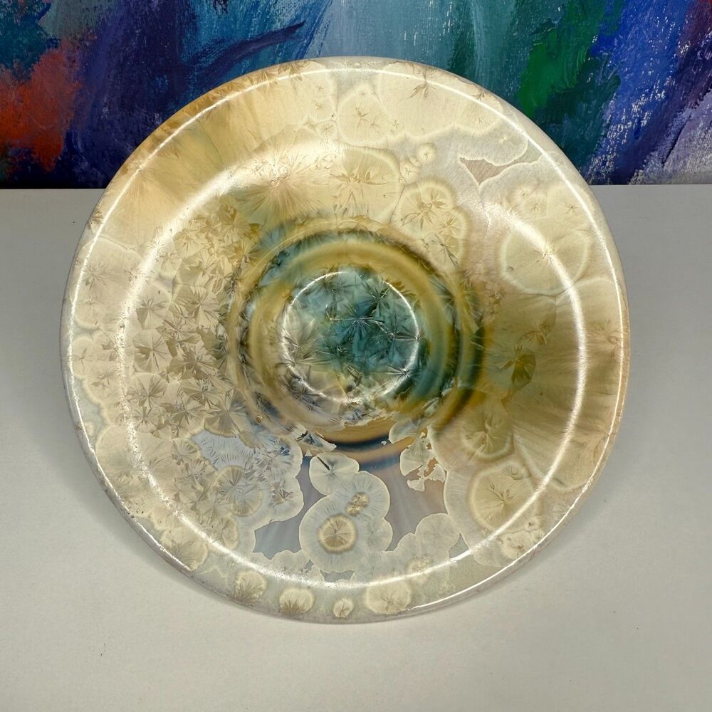 Bill Campbell Crystaline Glaze Studio Pottery Trinket Dish Tea Light Teal Cream